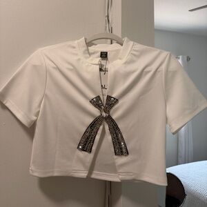 White Short Sleeve Top with Black Bow Detail